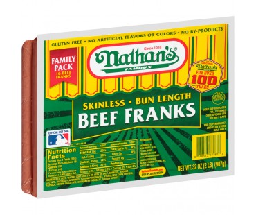 Nathan's Skinless Bun Length Beef Franks 32 Oz Pack